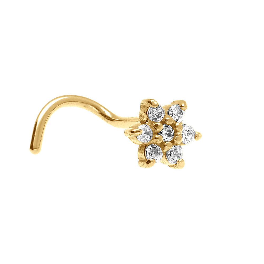 Piercing de nez en acier doré motif fleur six pétales avec oxydes blancs