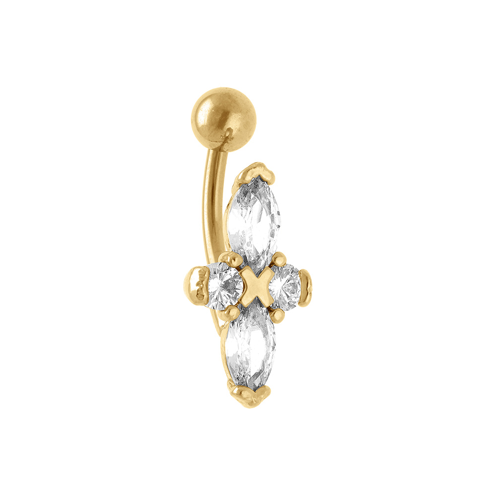 Piercing de nombril en acier doré croix d'oxydes blancs