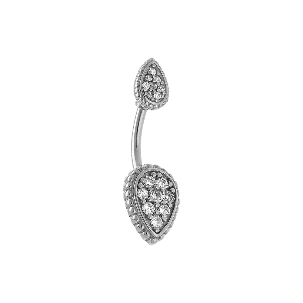 Piercing nombril en acier forme goutte avec oxydes blancs