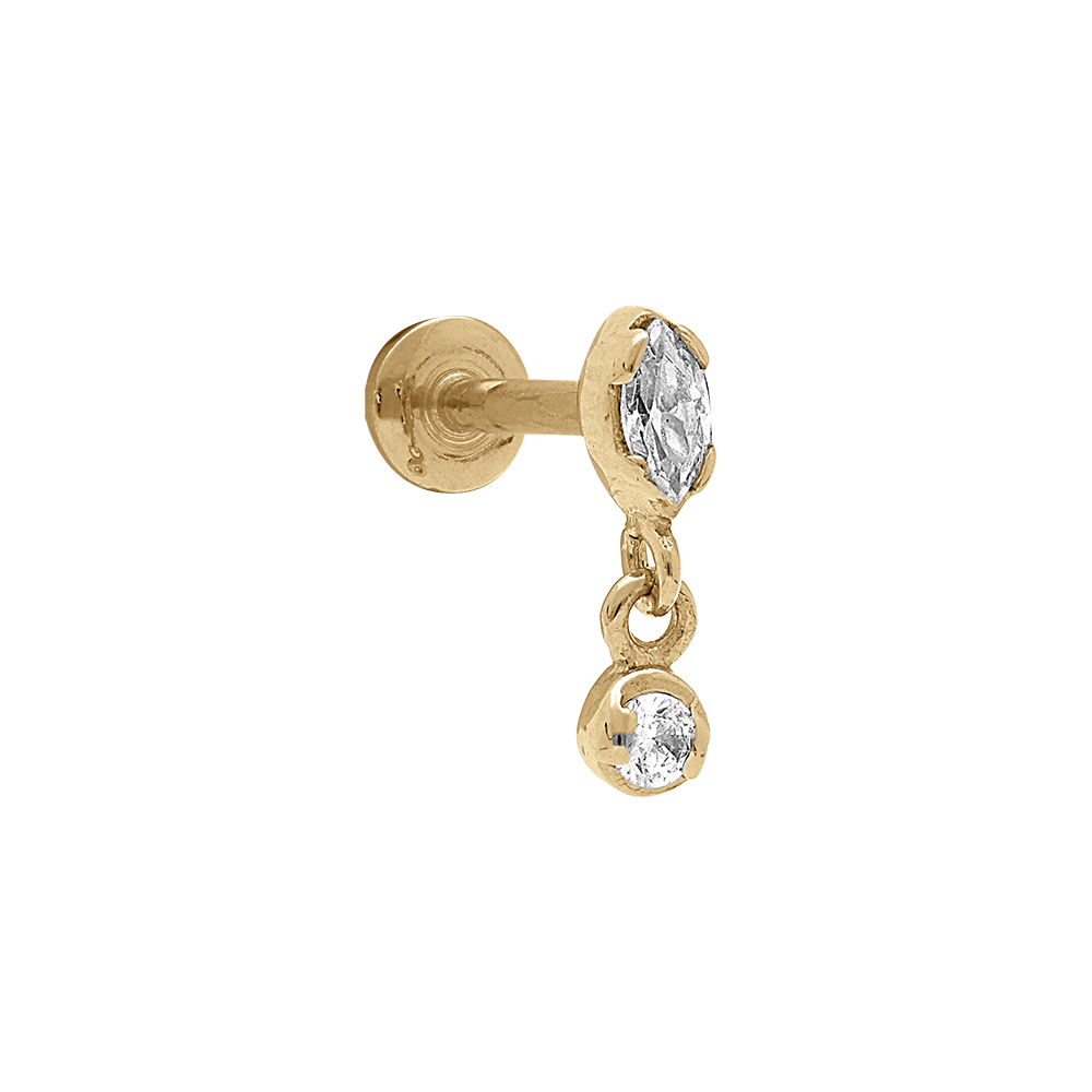 Piercing oreille en acier doré oreille helix, tragus avec oxydes blancs pendant