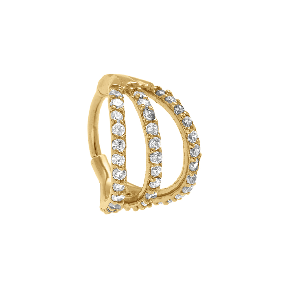 Piercing oreille en acier doré 3 rangs ornés d'oxydes blancs