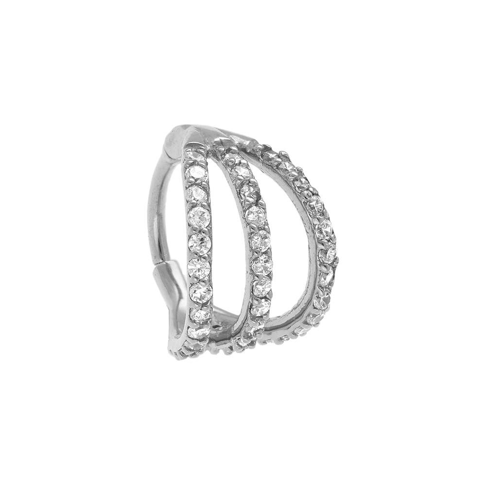 Piercing oreille en acier Hélix trois rangs ornés d'oxydes blancs