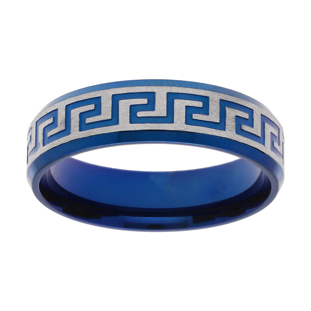 Bague en acier et PVD bleu motif grecque largeur 6mm