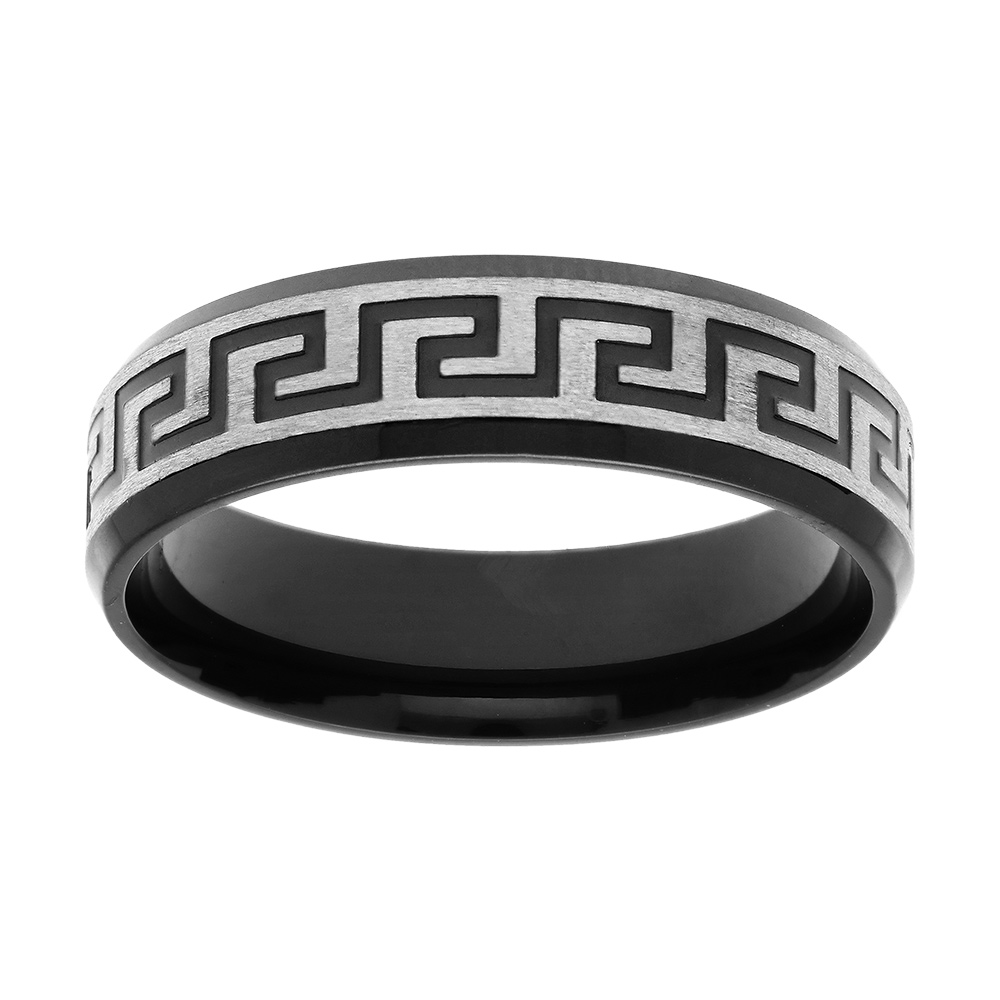 Bague en acier et PVD noir motif grecque largeur 6mm
