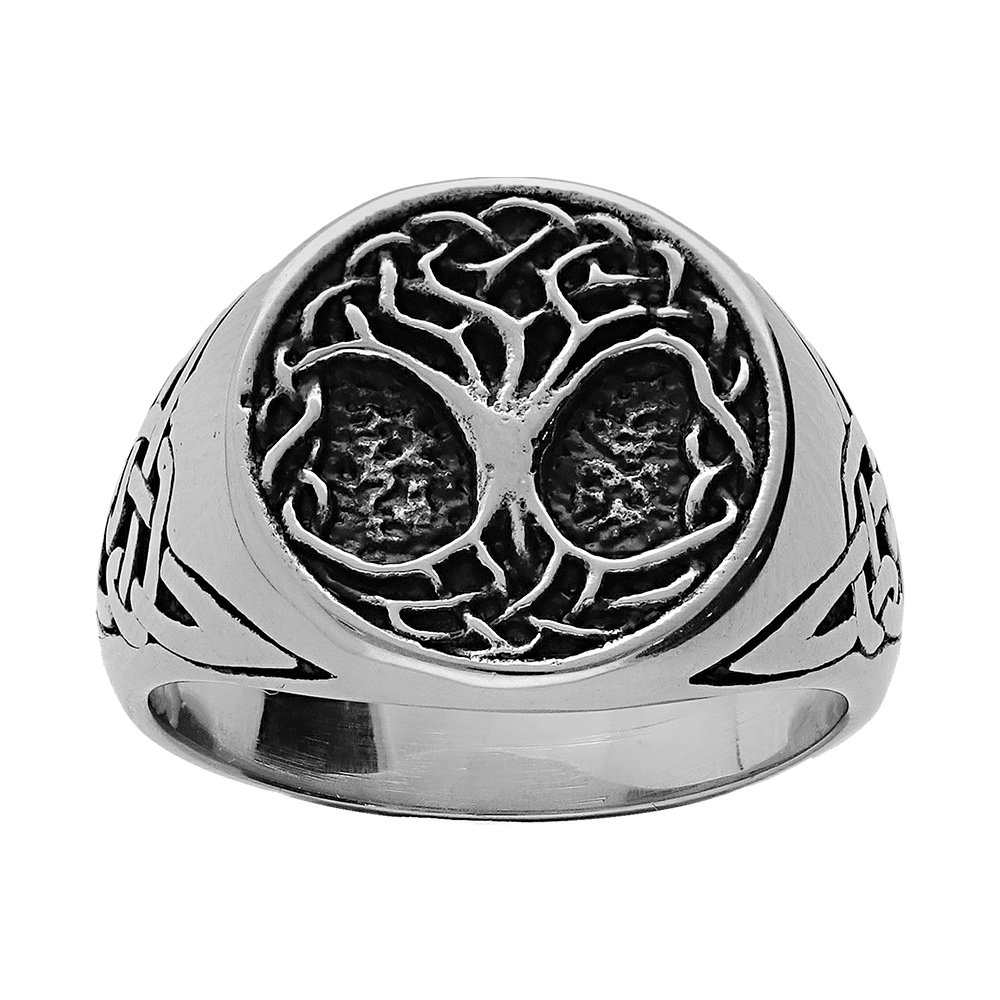 Bague en acier patiné ronde motif arbre de vie
