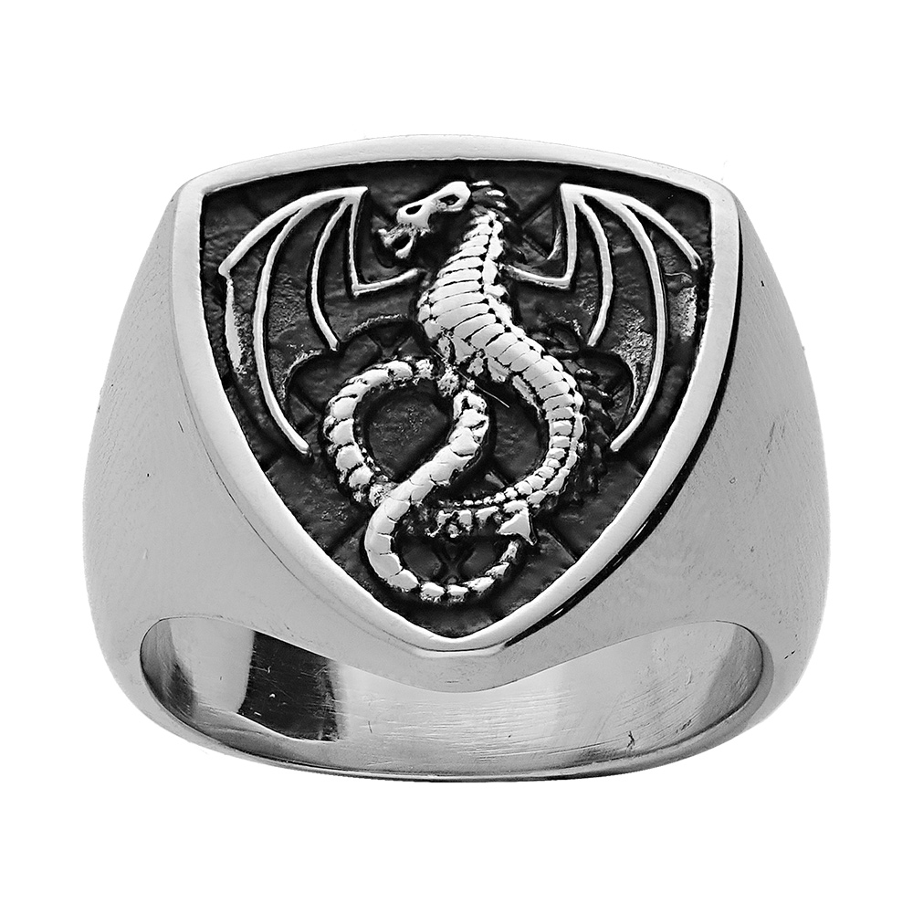 Bague en acier forme écusson fond patiné dragon
