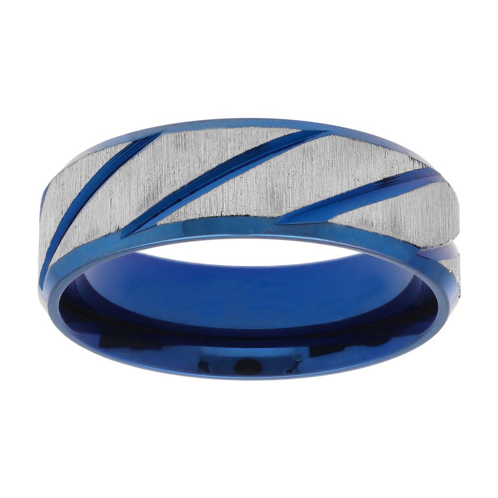 Bague en acier et PVD bleu motif strié largeur 6mm