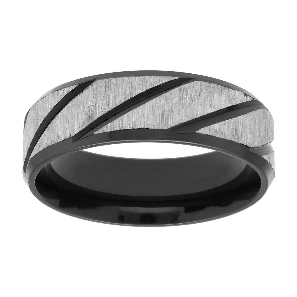 Bague en acier et PVD noir motif strié largeur 6mm