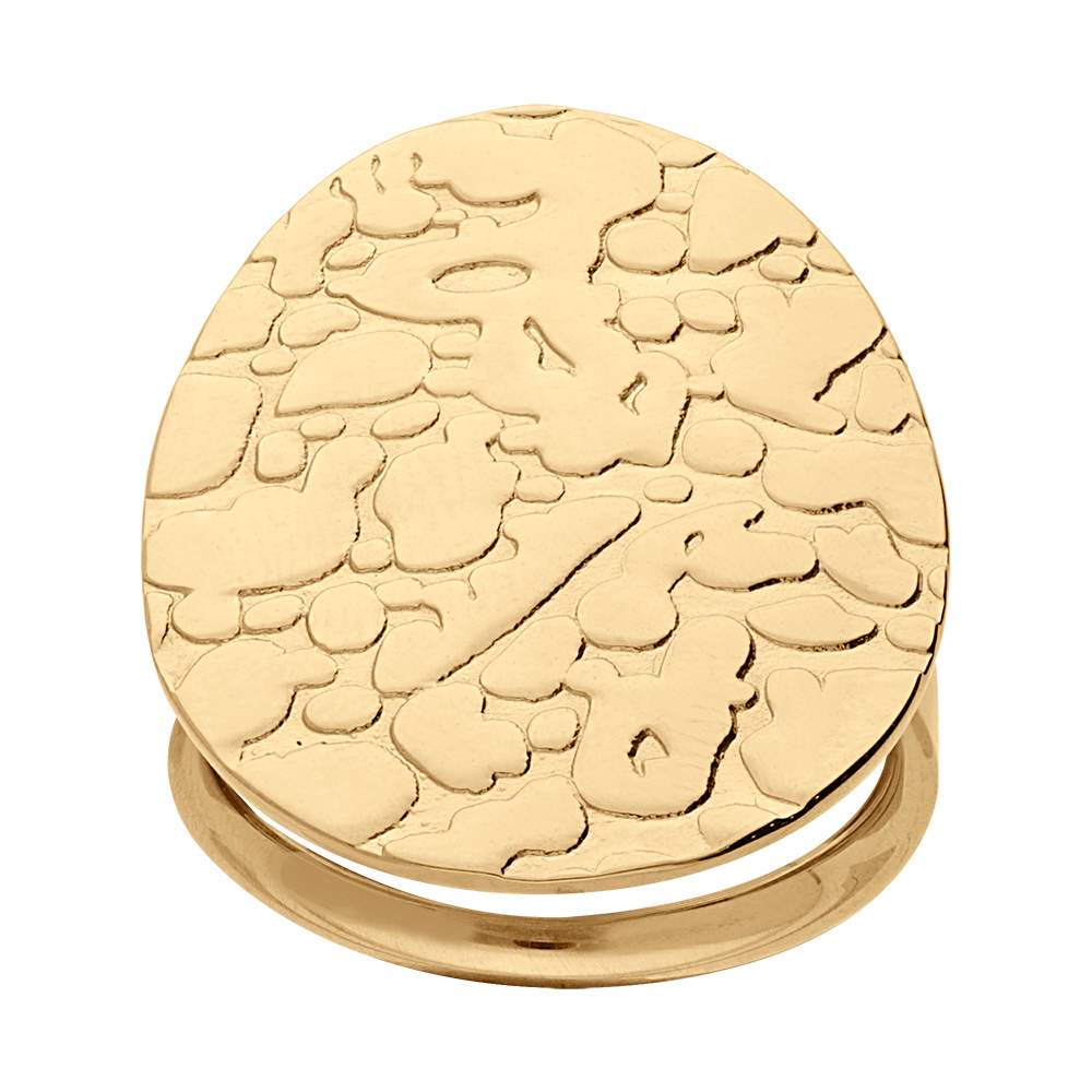 Bague en acier et PVD jaune grand plateau rond avec motifs creusés