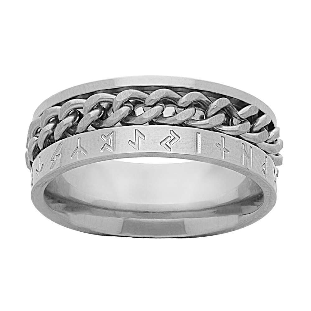 Bague en acier ruban runes celtiques et chaînette non tournante