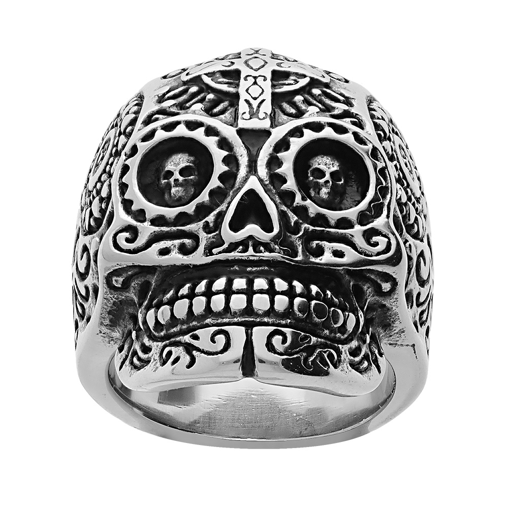 Bague en acier tête de mort et motif croix