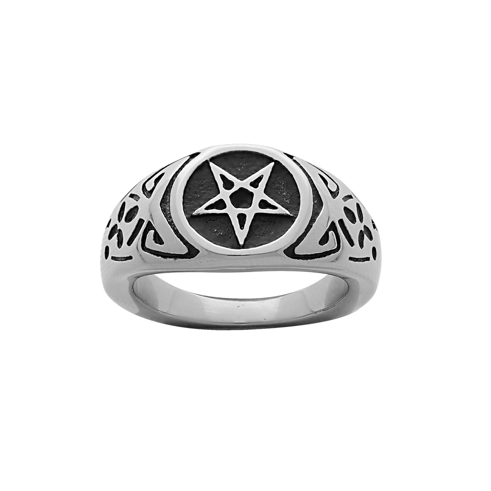 Chevalière en acier plateau rond motif étoile Chevalière en acier plateau rond motif étoile