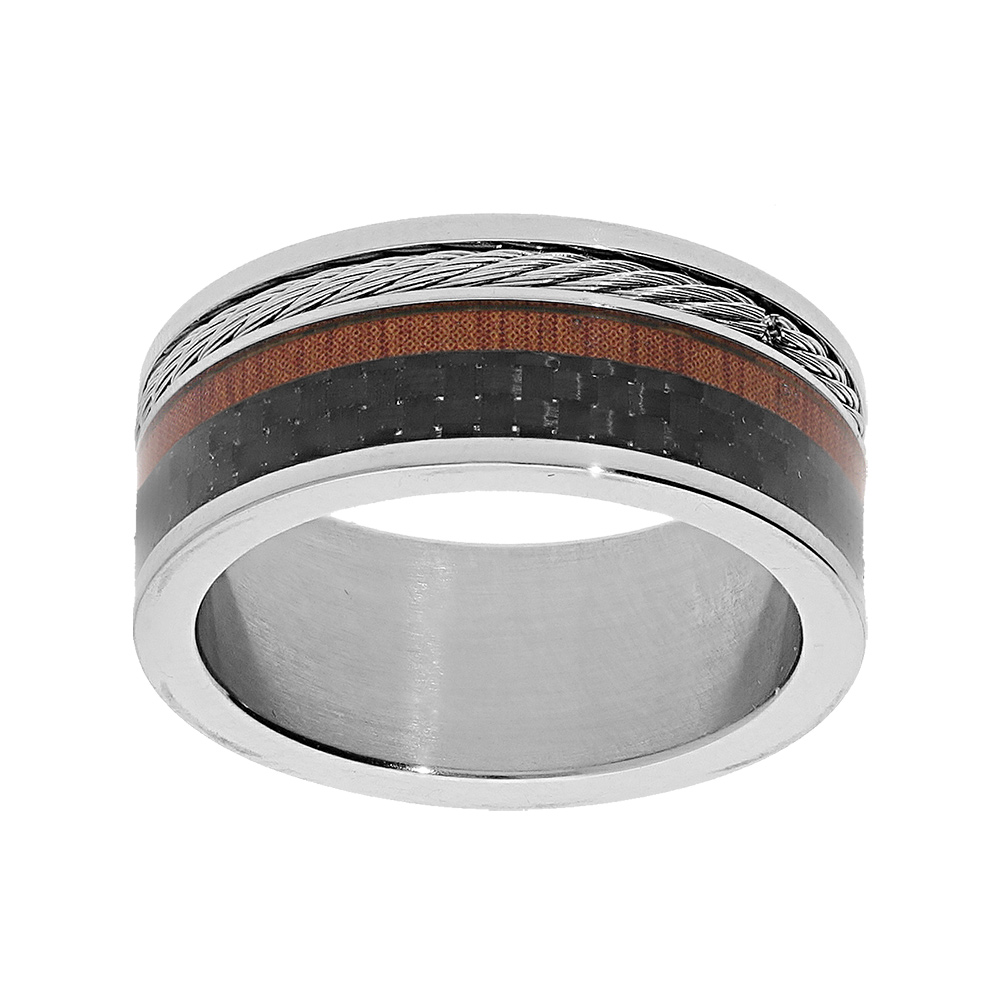 Bague en acier et carbone anneau large avec filet bois de synthèse et câble