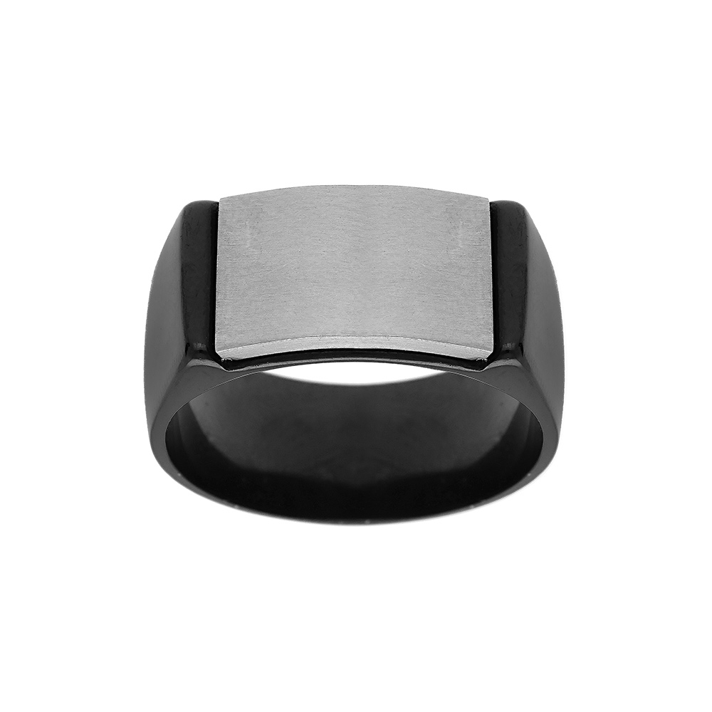 Chevalière acier et PVD noir plateau incurvé en acier brut 14 x 9mm à graver
