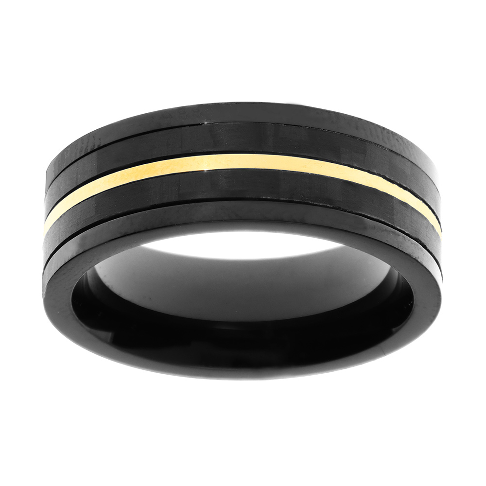Bague en acier avec carbone et PVD noir avec filet jaune largeur 8mm