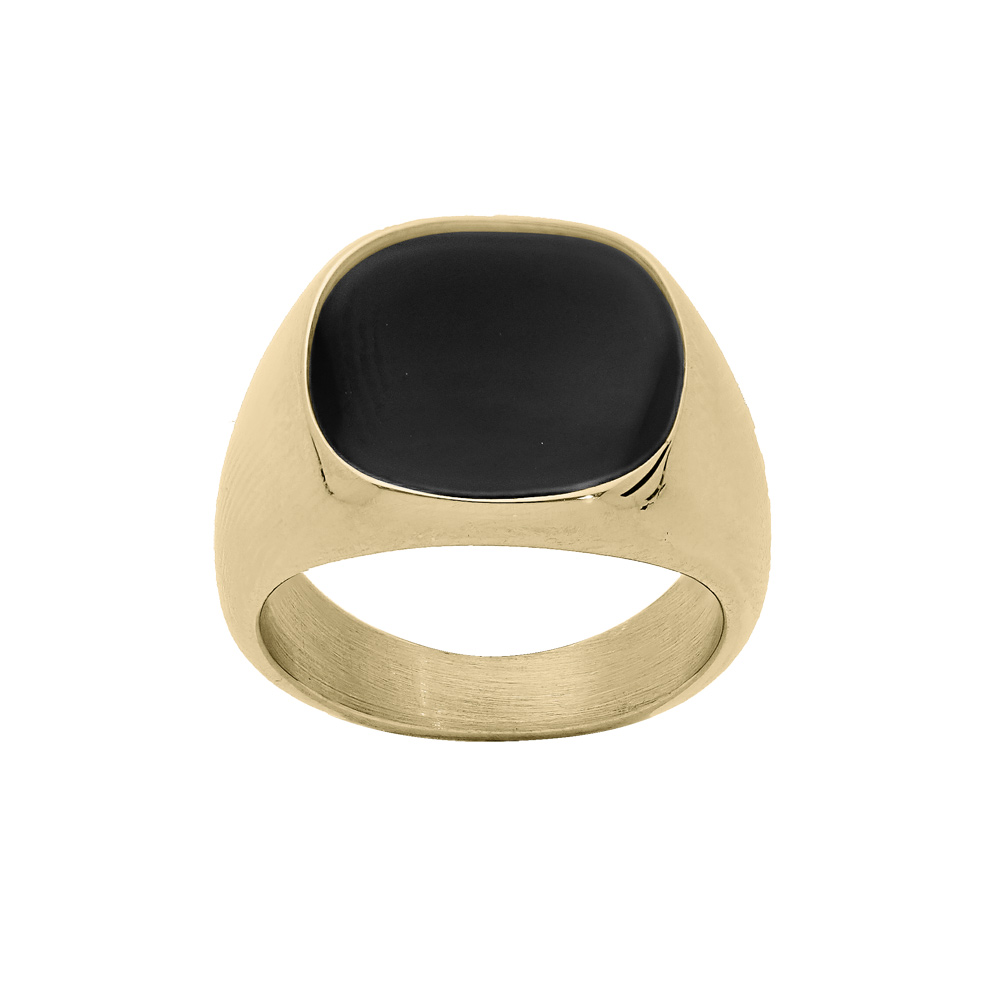 Chevalière en acier et PVD jaune plateau noire de synthèse