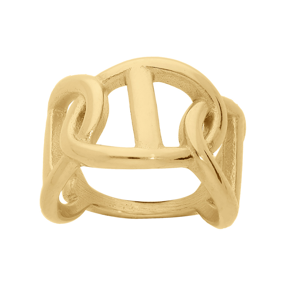 Bague en acier et PVD jaune cercles entremêlés et maille marine sur le dessus