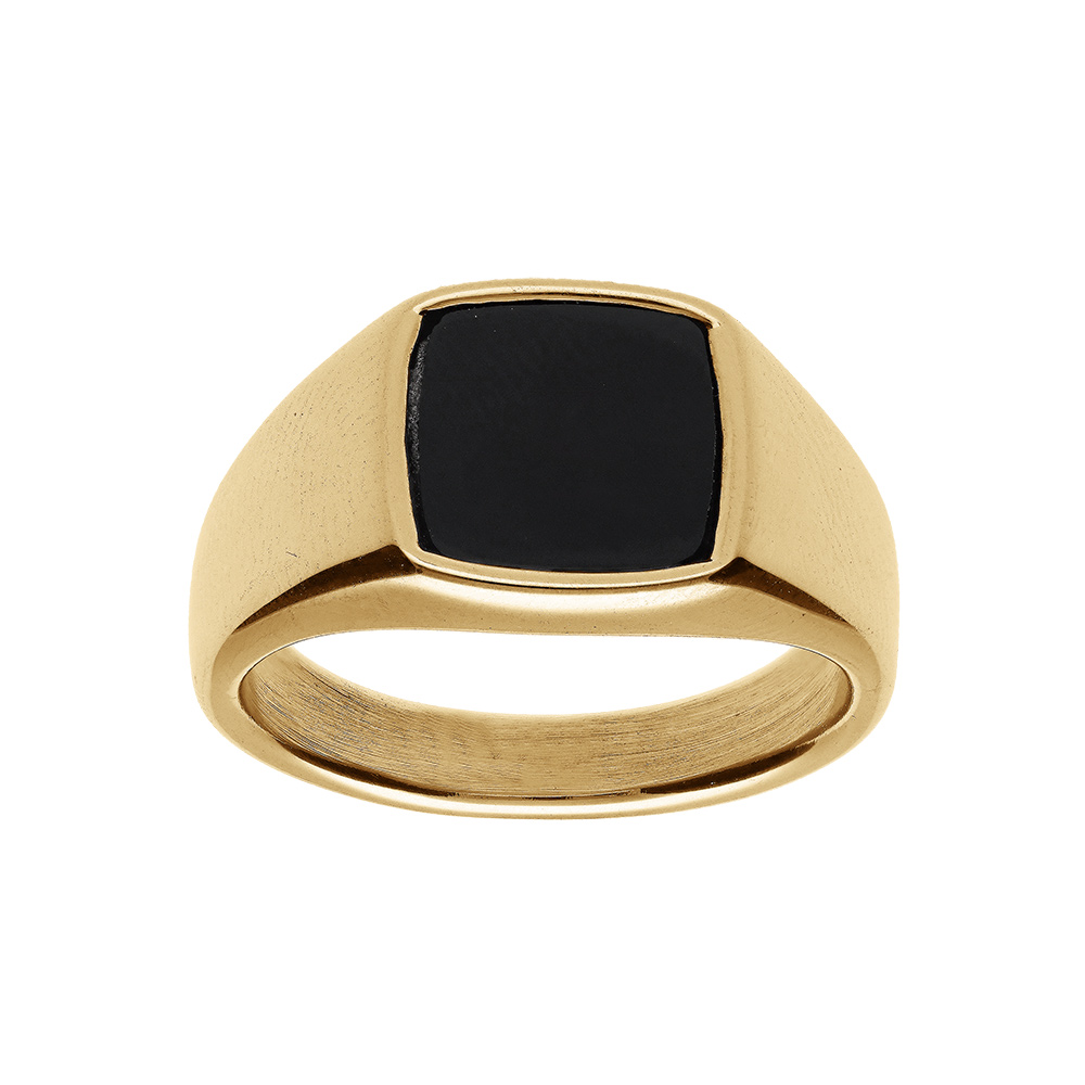 Chevalière en acier et PVD jaune plateau carré avec Onyx de synthèse 10 x 10mm Chevalière en acier et PVD jaune plateau carré avec Onyx de synthèse 10 x 10mm