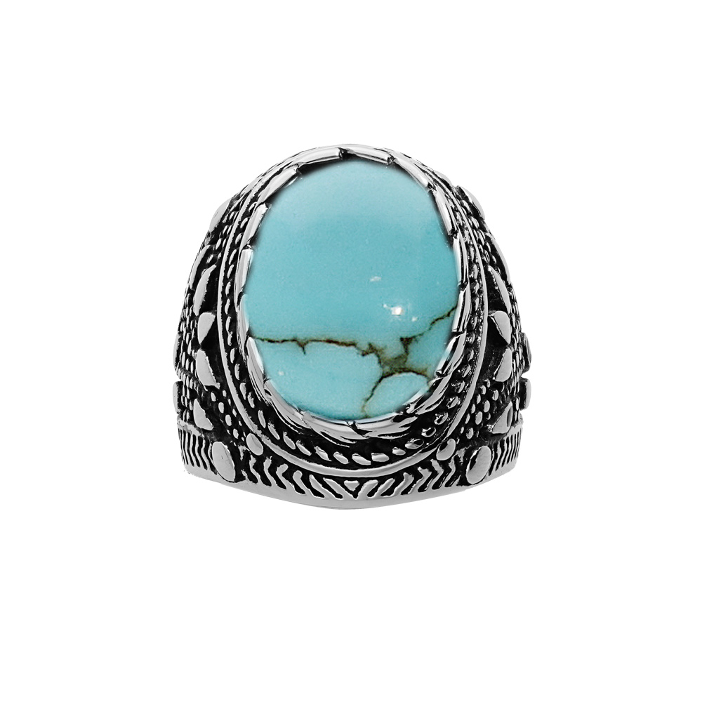 Chevalière en acier patiné avec gros oxyde ovale couleur turquoise de synthèse Chevalière en acier patiné avec gros oxyde ovale couleur turquoise de synthèse