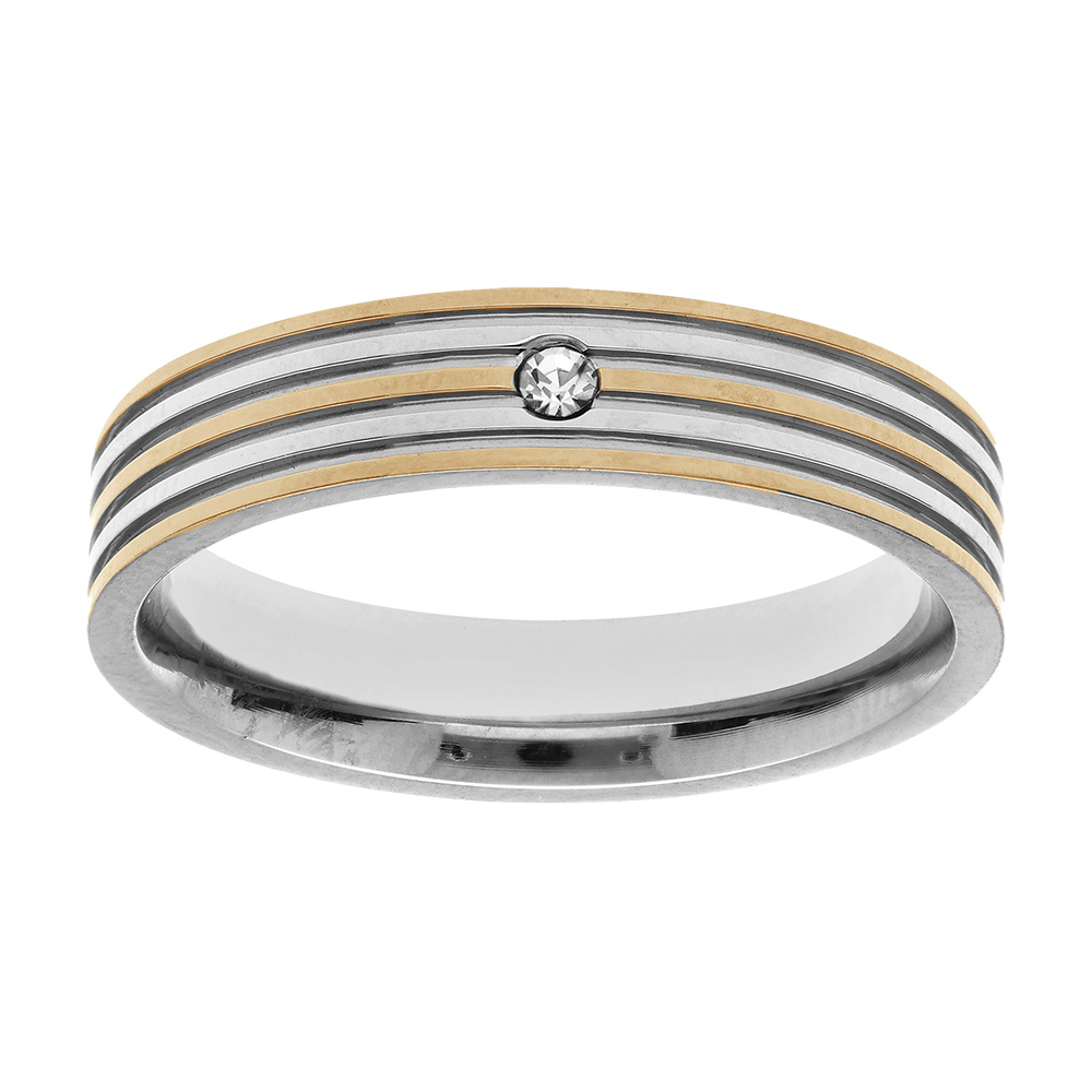 Bague en acier et PVD jaune rayée avec 1 oxyde blanc