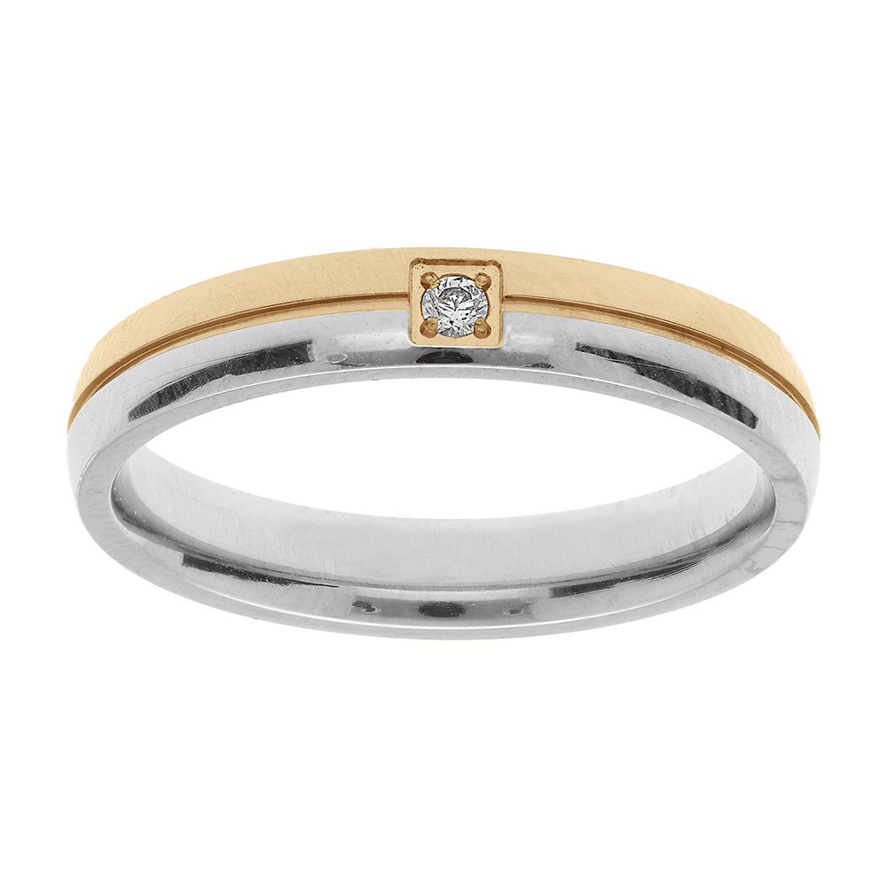Bague en acier et PVD jaune double anneaux bicolore avec 1 oxyde blanc