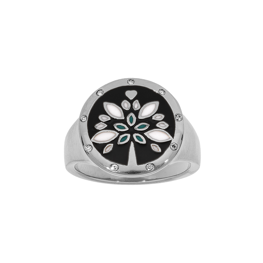 Bague Stella Mia en acier type chevalière plateau rond 18mm résine et nacre