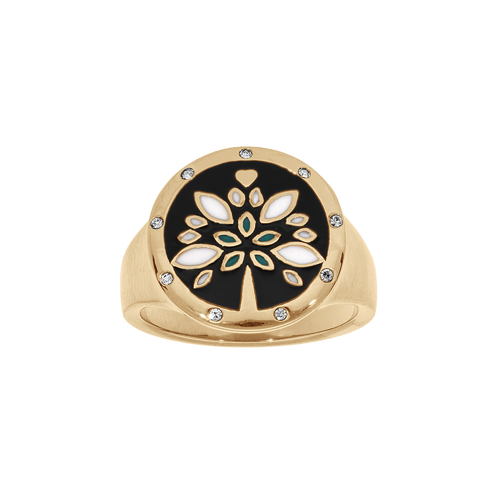 Bague Stella Mia en acier et PVD doré type chevalière plateau rond 18mm résine et nacre