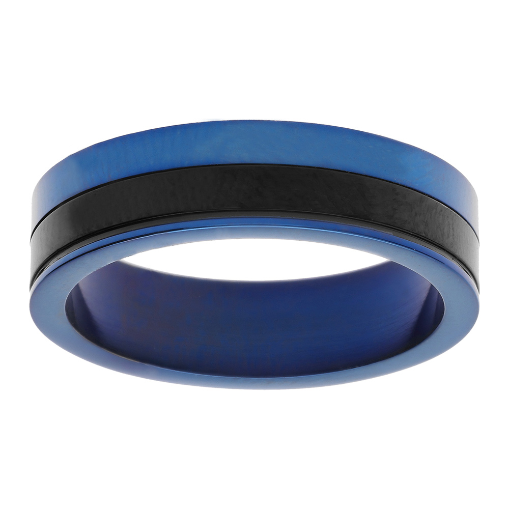 Bague en acier et PVD noir et bleu bicolore largeur 6mm