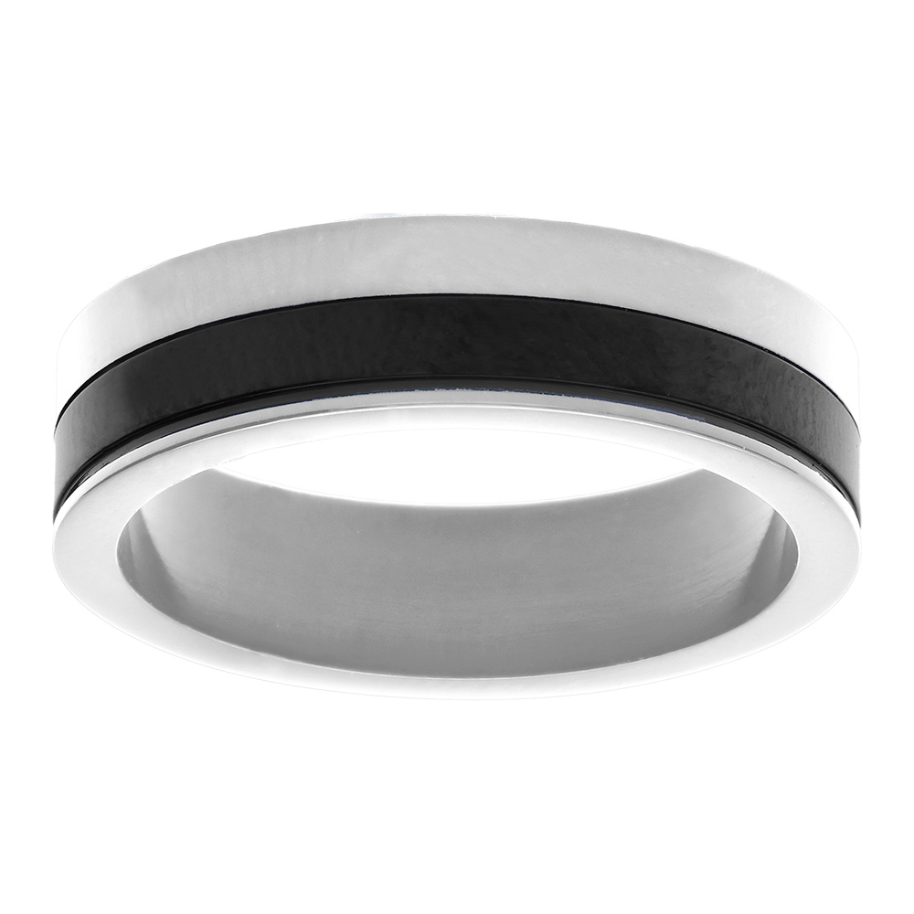 Bague en acier et PVD noir bicolore largeur 6mm