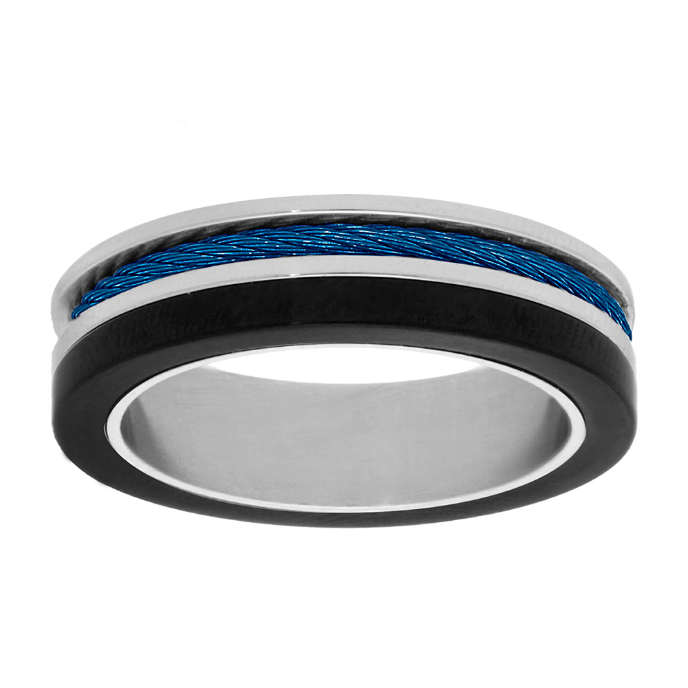 Bague en acier et PVD noir avec câble bleu