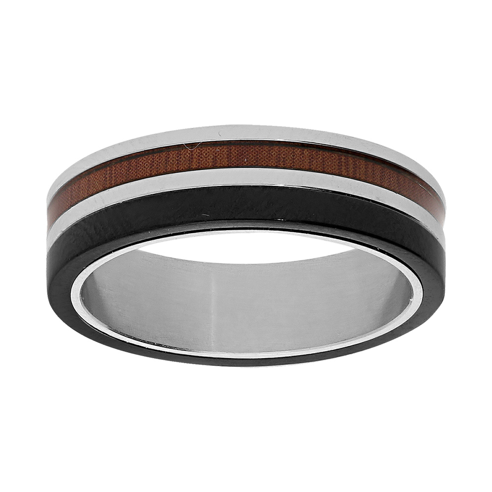 Bague en acier et PVD noir anneau avec aspect bois de synthèse