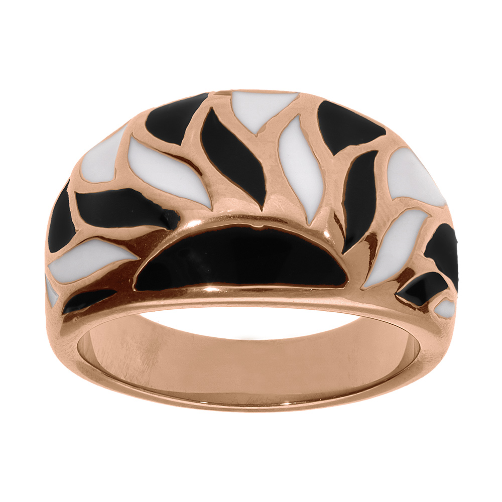 Bague Stella Mia en acier et PVD rose bombée motifs couleur blanche et noire