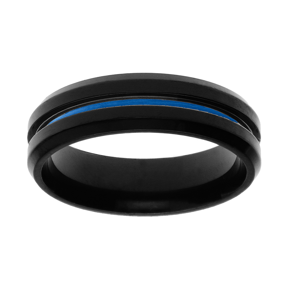 Bague en acier PVD noir filet bleu largeur 6mm