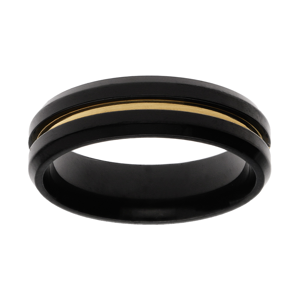 Bague en acier PVD noir filet jaune largeur 6mm