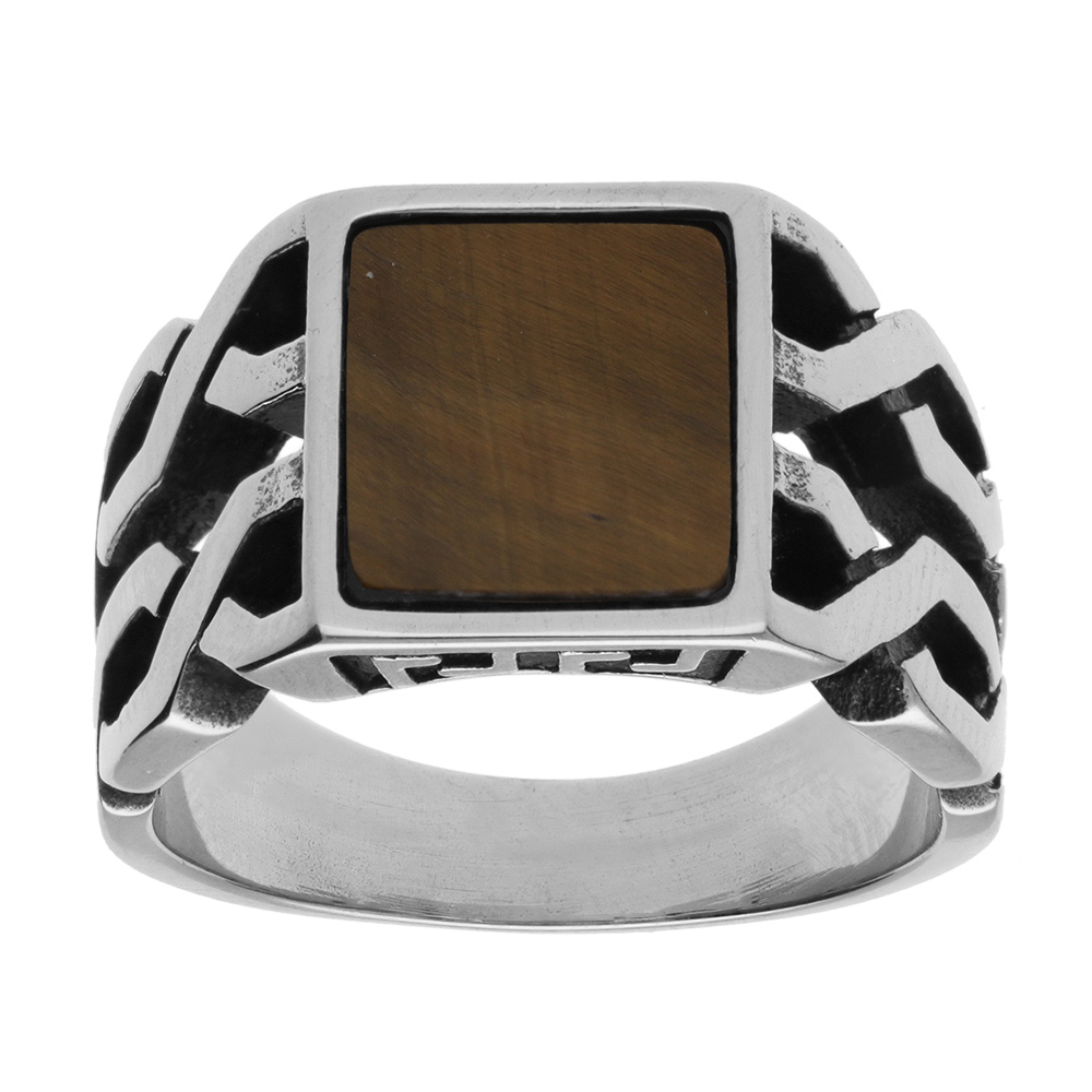 Bague en acier avec plateau imitation oeil de tigre