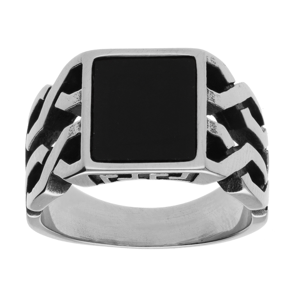 Bague en acier avec plateau carré imitation onyx