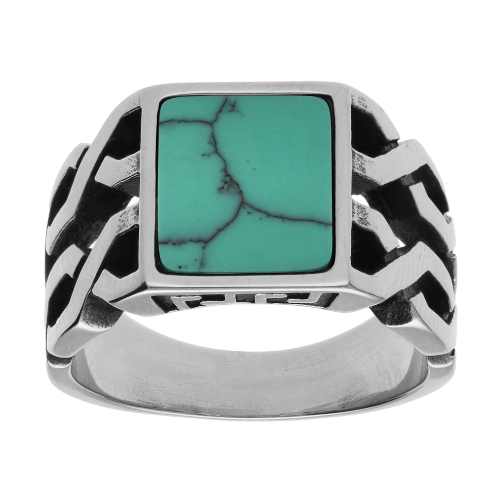 Bague en acier avec plateau carré imitation turquoise