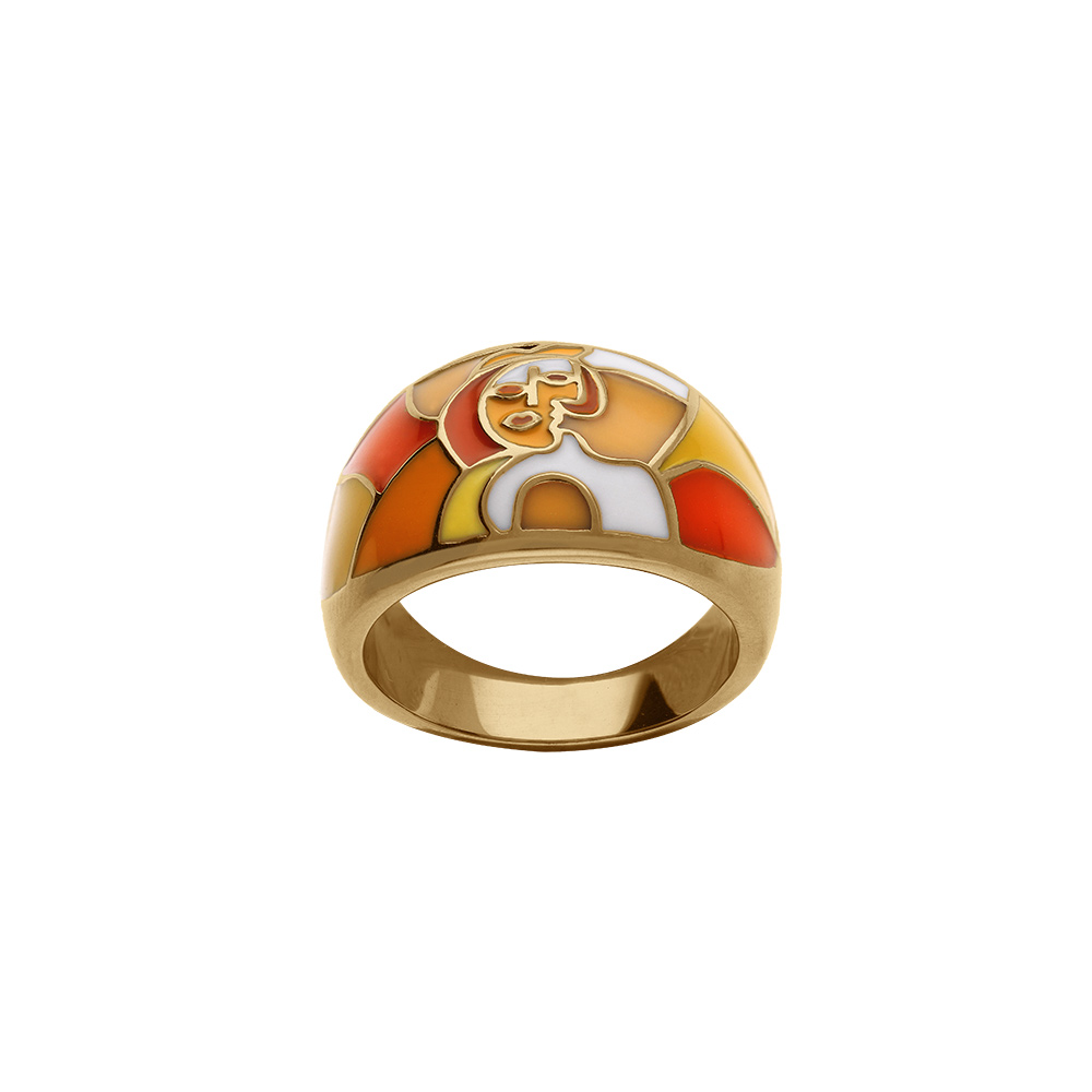 Bague Stella Mia en acier doré motif  résine orangé, rouge, jaune