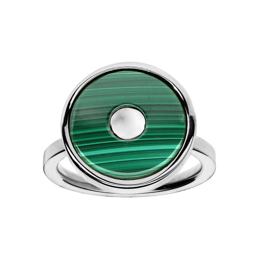 Bague en acier ronde avec pierre en Malachite