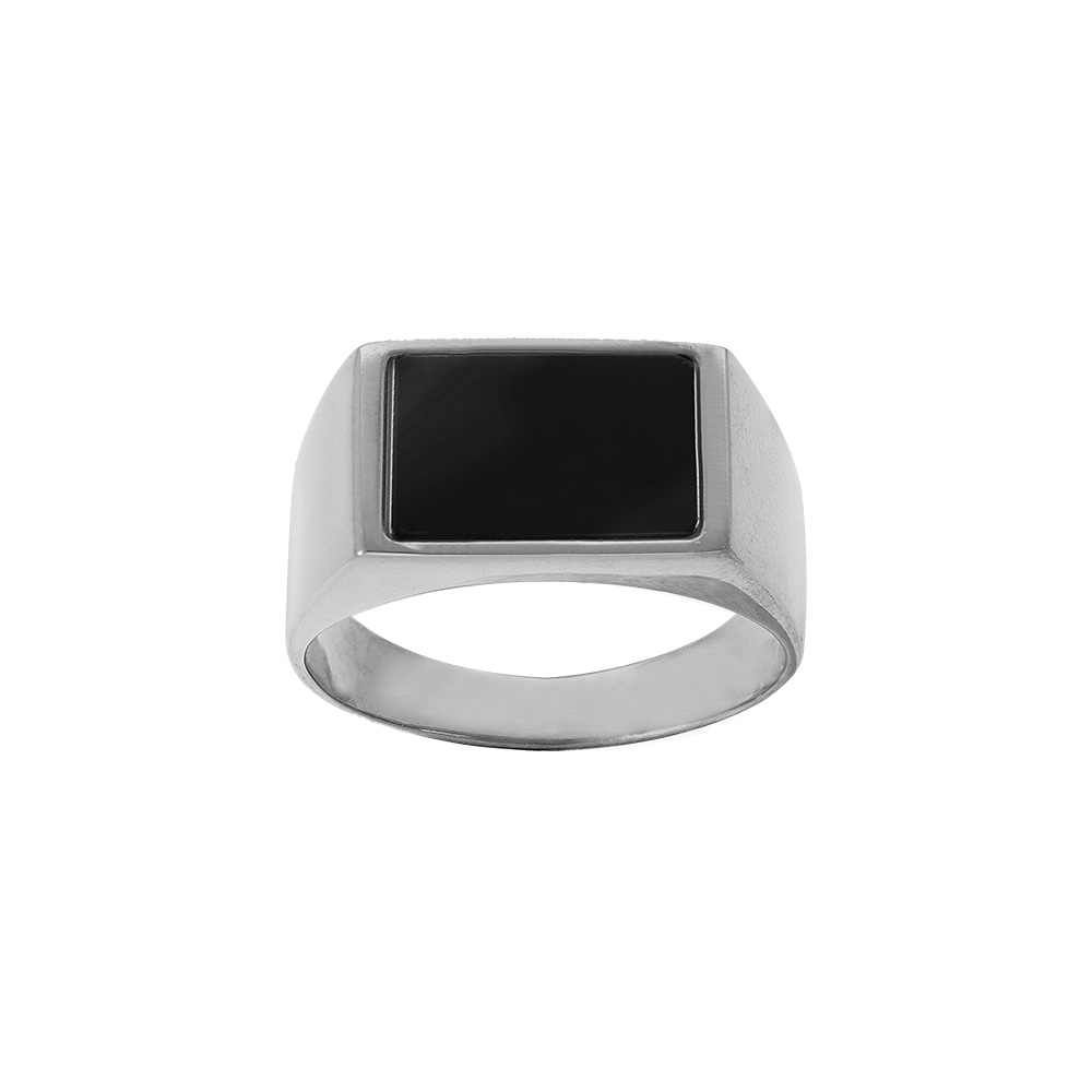 Chevaliere en acier rectangulaire avec onyx imitation 15 x 8mm