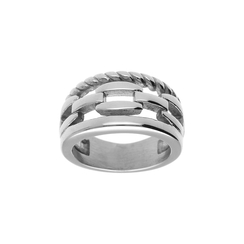 Bague en acier trois rangs motif mailles et corde