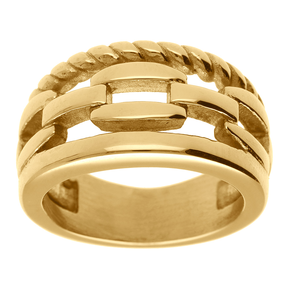 Bague en acier doré jaune  trois rangs motif mailles et corde