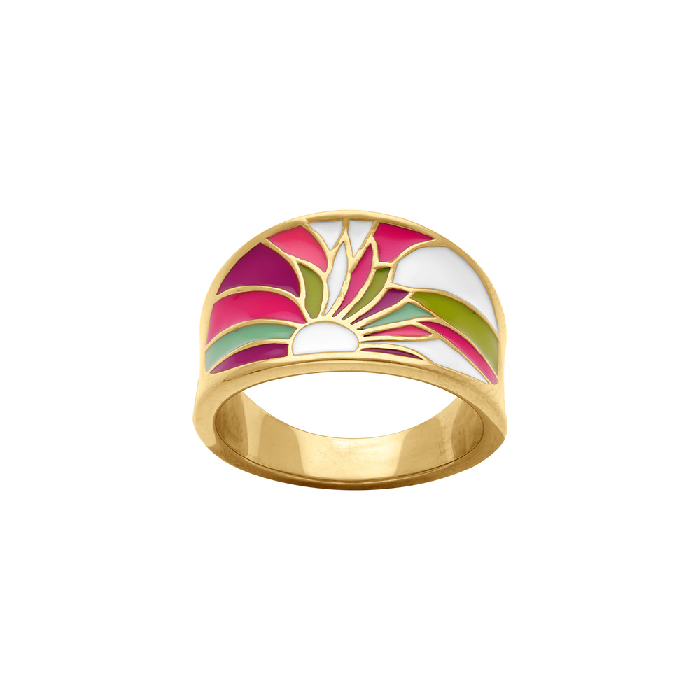 Bague Stella Mia en acier doré jaune avec motif résine rose et violet