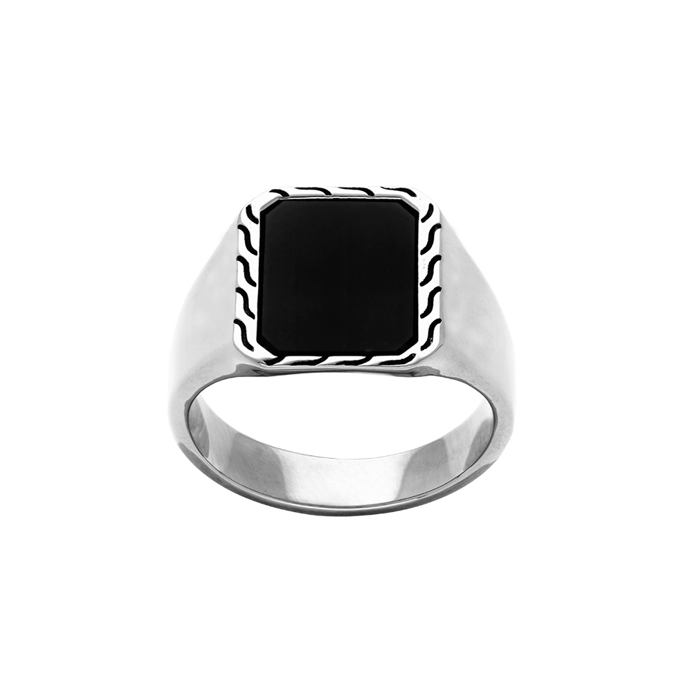 Bague en acier plateau rectangulaire 13 x 10mm avec onyx noir imitation