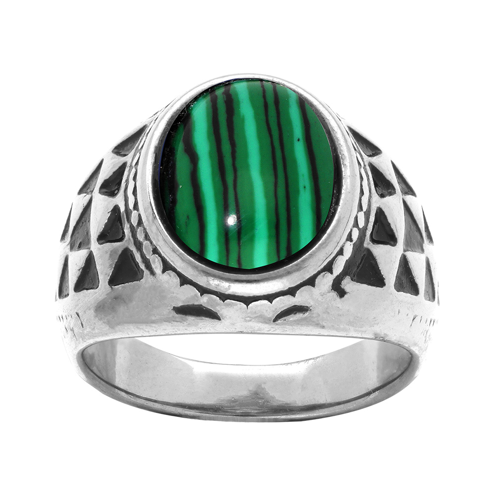 Chevalière en acier avec grosse pierre en Malachite véritable
