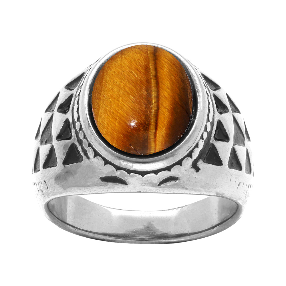Chevalière en acier avec grosse pierre en Oeil de tigre véritable