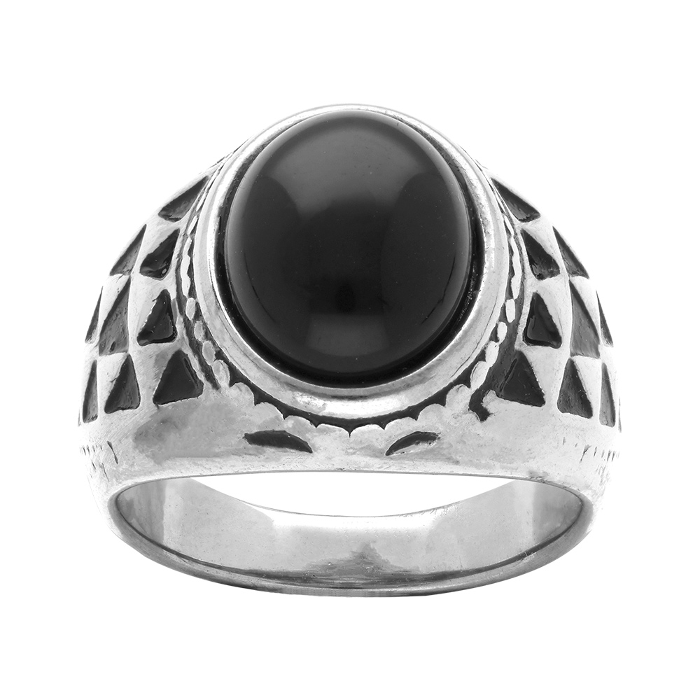Chevalière en acier avec gros onyx de synthèse noir