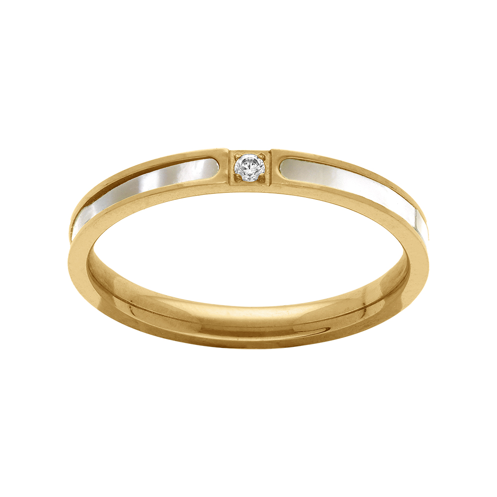 Bague en acier doré alliance imitation nacre blanche et un oxyde blanc