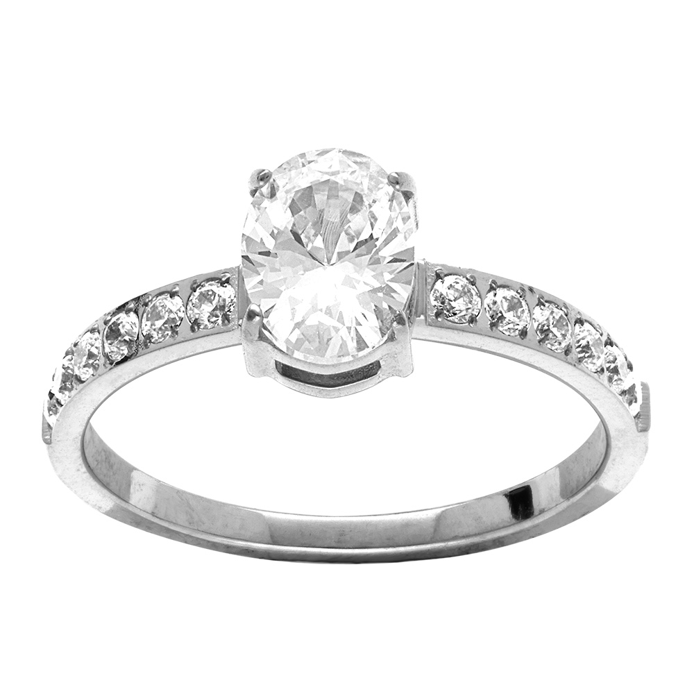 Bague style solitaire en acier et oxydes blancs