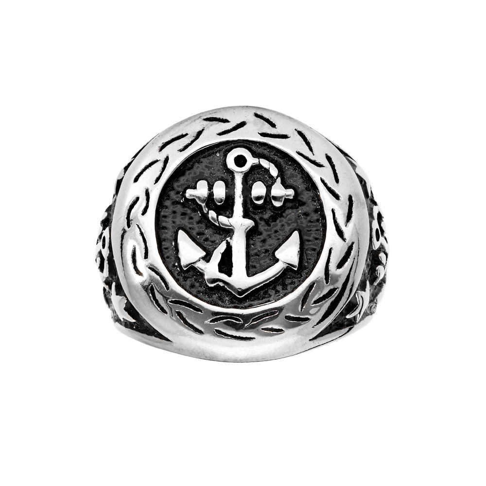 Chevalière en acier plateau rond motif ancre marine
